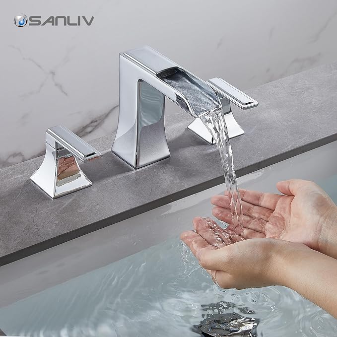 Chrome Waterfall Bathroom Faucet, Sanliv 2-Handle Widespread Bathroom Faucet for 3-Hole Sinks 4-8 inch, Modern 3 Piece Vanity Faucet with Pop-Up Drain Chrome
