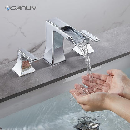 Chrome Waterfall Bathroom Faucet, Sanliv 2-Handle Widespread Bathroom Faucet for 3-Hole Sinks 4-8 inch, Modern 3 Piece Vanity Faucet with Pop-Up Drain Chrome