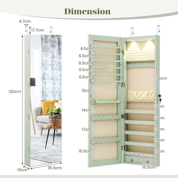 COSTWAY Wall Mounted Jewelry Armoire with Full Length Mirror & 2 LED Lights, Large Storage Capacity, Lockable Mirror Jewelry Cabinet for Women Girls (Green)