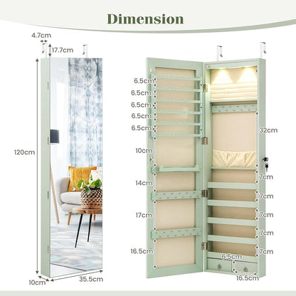 COSTWAY Wall Mounted Jewelry Armoire with Full Length Mirror & 2 LED Lights, Large Storage Capacity, Lockable Mirror Jewelry Cabinet for Women Girls (Green)