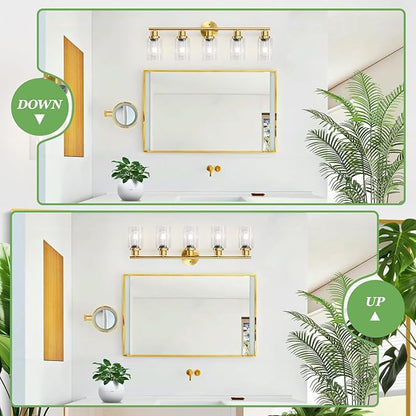 5-Light Bathroom Vanity Lights, E26 Modern Brushed Gold Bathroom Light Fixtures with Clear Glass Shade, Mirror Kitchen Hallway Cabinet Living Room Sconces Wall Lights