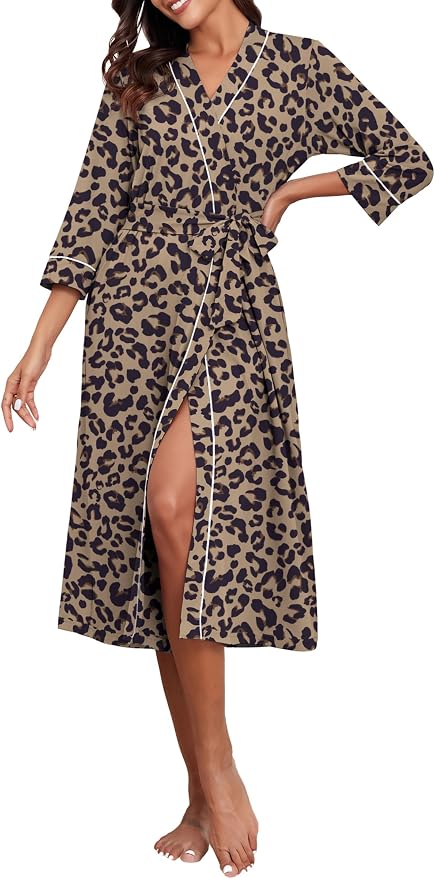 PrinStory Robes for Women 3/4 Sleeve Long Bath Robe XS-4XL | V-Neck Knit Bathrobe with Pockets, Lightweight, Soft, Breathable Robes for Shower, Spa, Travel, Home, Party, Nursing