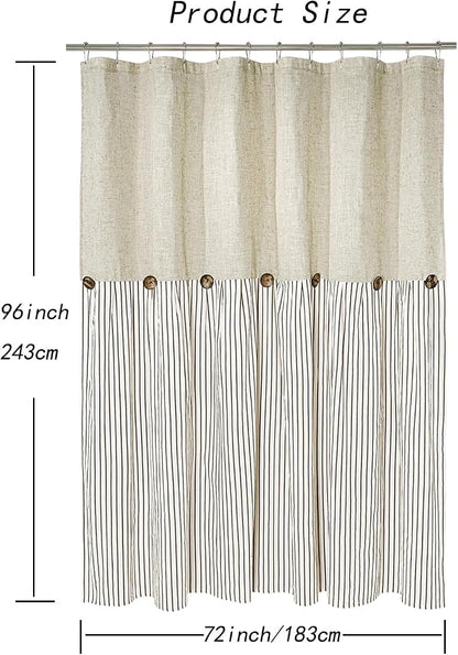 DOSLY IDÉES Farmhouse Shower Curtain,Beige and Brown Stripe,Button Curtain,Linen and Cotton Woven Fabric,Rustic Charm Country Chic Style,72x96 in