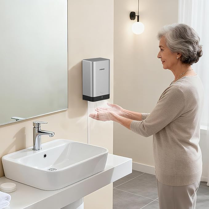 AIKE Compact Hand Dryer for Bathroom, ABS Polycarbonate 110V Silver,AK2822 | High Speed Slim Blade Hand Dryer,Plug-in Easy Install and Compact Design,Smart Warm for Home Bathroom,No Paper Waste and Cost