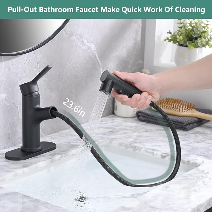 Bathroom Sink Faucet with Pull Out Sprayer, Single Handle Modern Bathroom Basin Faucet with Pop-up Sink Drain Stopper & Deck Plate 1 or 4-inch Centerset 3 Hole, Matte Black