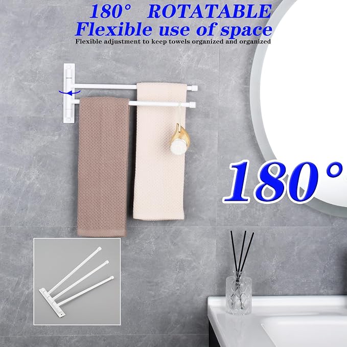 GERZWY Bathroom 2-Arm Swing Arm Towel Bars Wall Mount Stainless Steel Bath Towel Rack Hanger, White