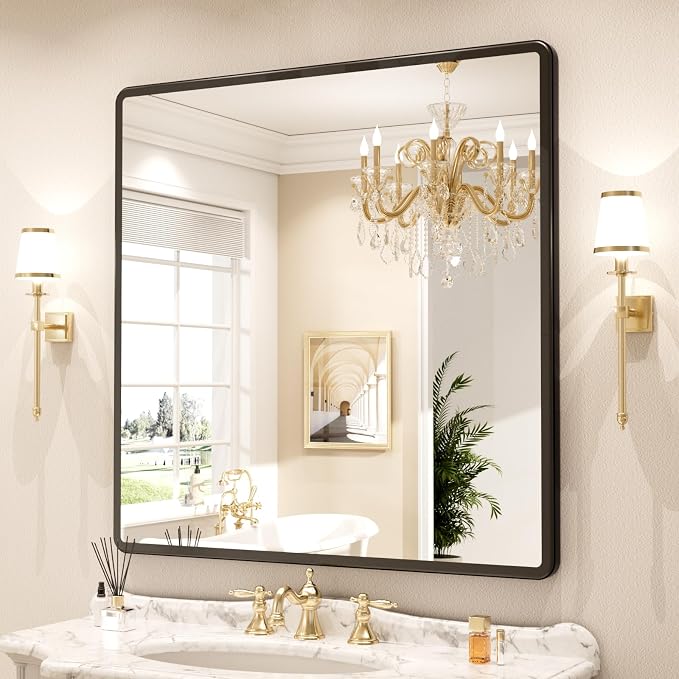 pertetey 36 x 36 in Rounded Rectangle Bathroom Mirror | Black Metal Frame, Tempered Glass, Wall Mounted