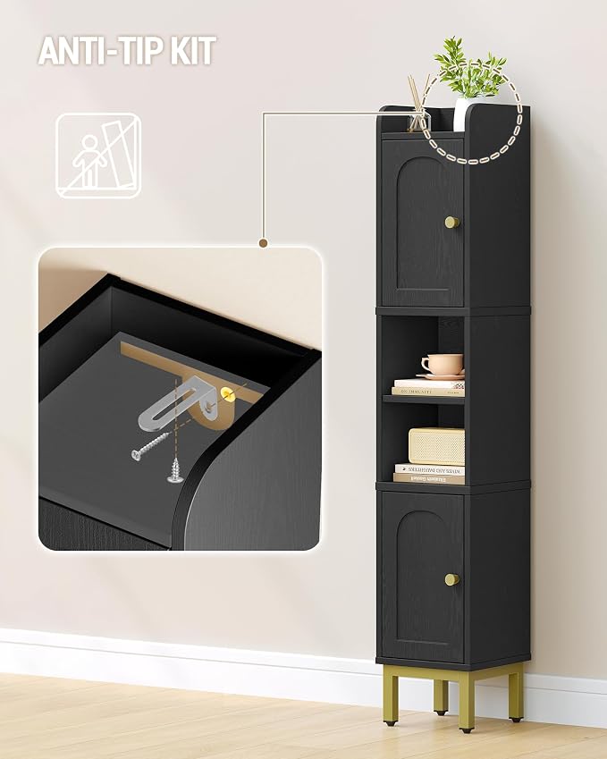 Hzuaneri Slim Bathroom Storage Cabinet, Narrow Bathroom Organizers,2 Doors | Narrow Bathroom Storage with 4 Adjustable Feet, Laundry Room Organization for Small Space,Kitchen, Black BC22404G