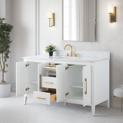 Vanity Art 60 inch Bathroom Vanity with Single Sink & Ceramic Top, Vanity Cabinet with Soft-Closing Doors, Drawers, Solid Wood Frame, White, VA9060-SW-GB1