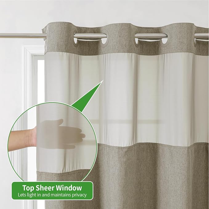 eachope No Hook Fabric Shower Curtain with Snap-in Liner,54x80 Khaki/Tan | Linen Texture,230GSM Thick Fabric,Hotel Luxury Decor,Mesh Window,Waterproof & Machine Washable,for Shower Stall or Bathroom