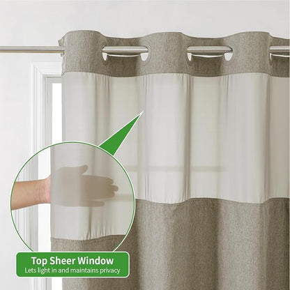 eachope No Hook Fabric Shower Curtain with Snap-in Liner,71x80 Khaki/Tan | Linen Texture,230GSM Thick Fabric,Hotel Luxury Decor,Mesh Window,Bottom magnetic ,Waterproof & Machine Washable,for Bathroom