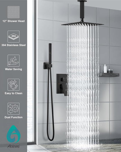 Aolemi Shower System with Rain Head and Handheld,12-Inch,Matte Black | High-Pressure Shower Faucet Set with Dual-Function Handheld,Rough-In Valve,1.8 GPM,Ceiling Mount Trim Kit