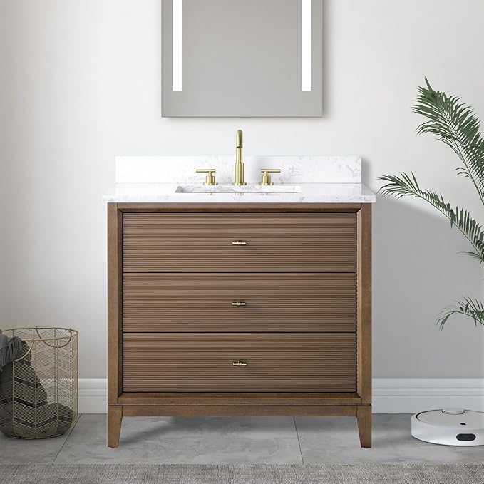 Vanity Art 36" Bathroom Vanity with Single Sink & Arabescato White Engineered Stone Top, Vanity Cabinet with Soft Closing Door, Solid Wood Frame, Golden Brushed Handles, Walnut VA8136-Walnut-GB