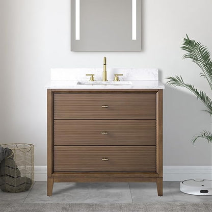 Vanity Art 36" Bathroom Vanity with Single Sink & Arabescato White Engineered Stone Top, Vanity Cabinet with Soft Closing Door, Solid Wood Frame, Golden Brushed Handles, Walnut VA8136-Walnut-GB