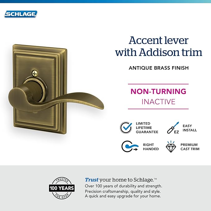 SCHLAGE Accent Lever with Addison Trim Non-Turning Lock in Antique Brass - Right Handed
