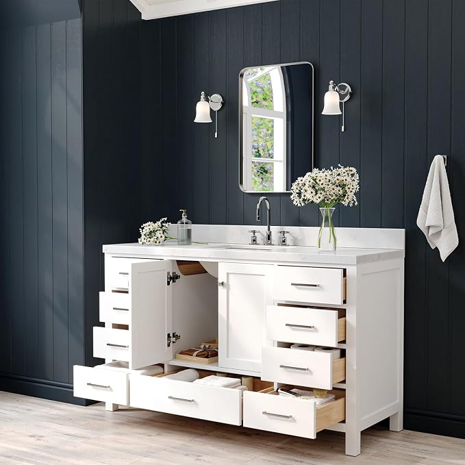 ARIEL Cambridge 60-inch Bathroom Vanity with Sink,Solid Wood, 1.5-inch Carrara White Quartz Countertop, Single Rectangular Porcelain Sink, 2 Soft Closing Doors, 9 Dovetail Drawers, White