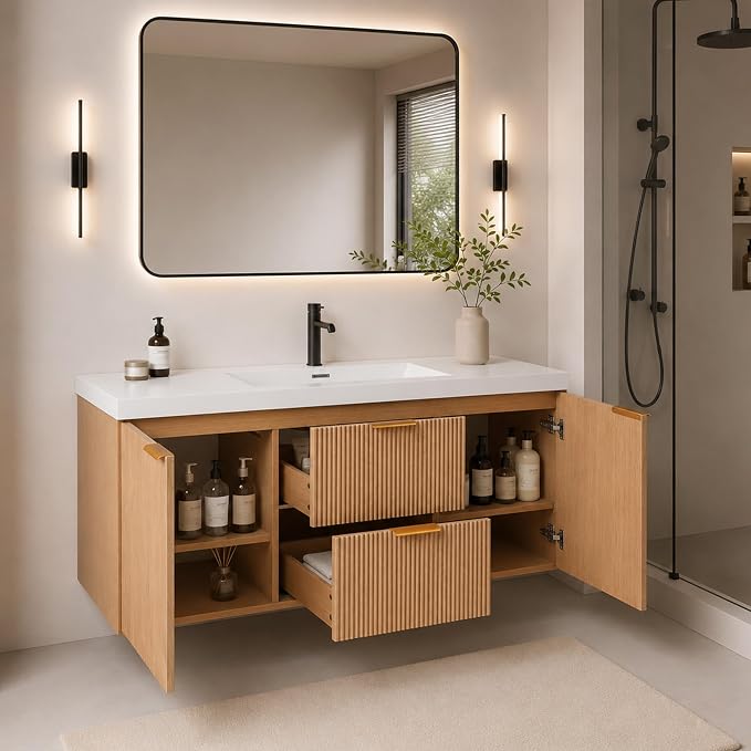 48'' Floating Bathroom Vanity with Sink, Wall-Mounted Cabinet | Painted Surface Wall Mounted Bathroom Vanity Cabinet, Soft Closing System, SMC Vanity Top for Hotels, Office Buildings