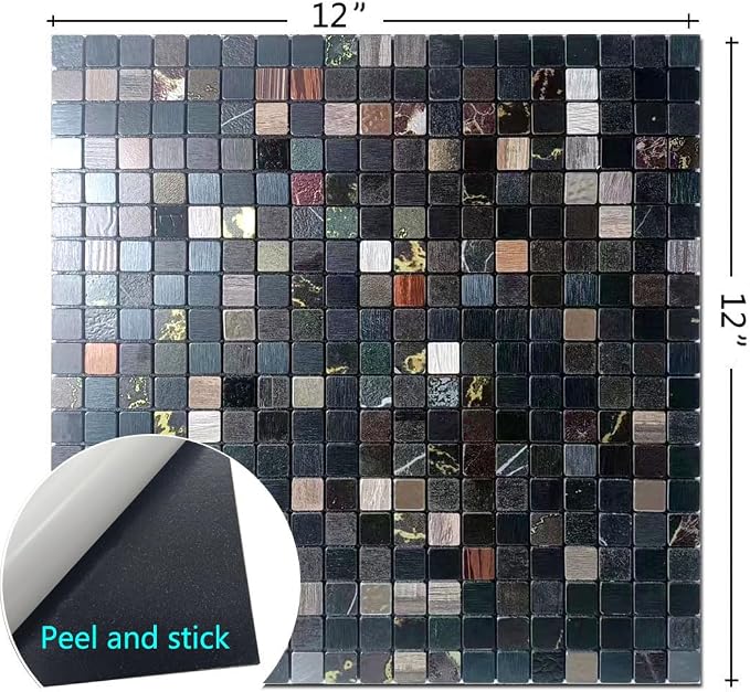 10 Sheets Peel and Stick Backsplash Tile for Kitchen, Self-Adhesive Mosaic Tile, Stick on Bathroom Vanities，Fireplace Décor, Laundry Table(12" X 12") (Black Printing)