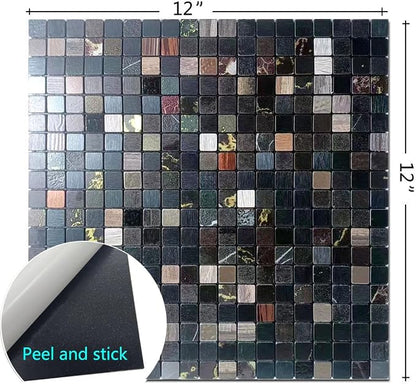 10 Sheets Peel and Stick Backsplash Tile for Kitchen, Self-Adhesive Mosaic Tile, Stick on Bathroom Vanities，Fireplace Décor, Laundry Table(12" X 12") (Black Printing)