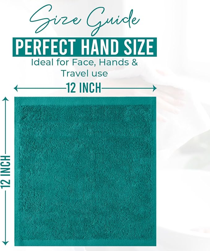 DAN RIVER 12 Pack Cotton Wash Cloths Set for Showering [12x12] Teal | Lighter Weight, Quick to Dry, Super Soft & Absorbent Face Towels, Hotel Quality, Perfect for Bathroom, Gym, Spa