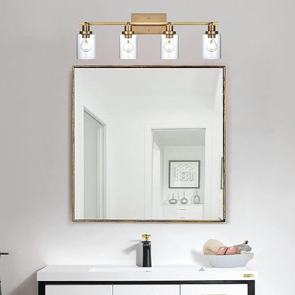 MELUCEE 4 Light Track Lighting Kit Brass Bathroom Vanity Light Fixtures with Adjustable Track Head Ceiling Spotlight Fixture for Hallway Porch Foyer Storage, Clear Glass Shade