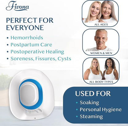 Fivona Sitz Bath for Toilet Seat Postpartum and Hemorrhoids Care - Yoni Steam Seat - Foldable Basin for Epsom Salt Soak - Portable Bidet BPA Free Temperature Resistant - Universal Fit - Blue