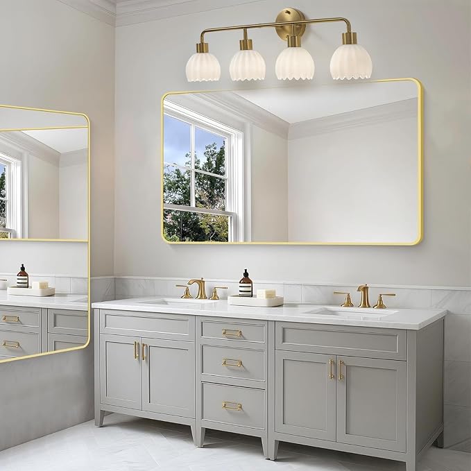 Brushed Gold 4-Light Vanlity Light Over Mirror,Wall Sconces,Gold Brass Bathroom Light Fixture with White Glass Flower Shade,E26(Bulbs Not Included)