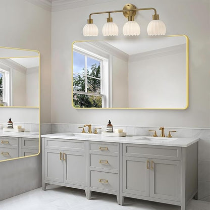 Brushed Gold 4-Light Vanlity Light Over Mirror,Wall Sconces,Gold Brass Bathroom Light Fixture with White Glass Flower Shade,E26(Bulbs Not Included)