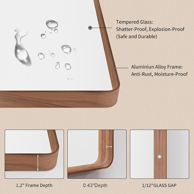 LOAAO 30X36 Inch Bathroom Mirror with Wood Grain Colored Metal Frame | Rounded Rectangle Metal Framed, Anti-Rust, Hangs Horizontally or Vertically, Tempered Glass