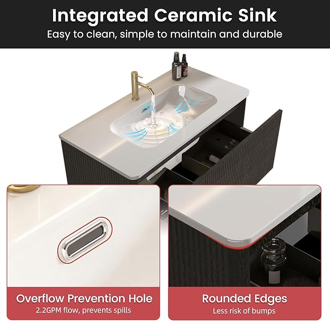 36" Floating Bathroom Vanity with Sink, Modern Wall Mounted Floating Vanity with Ceramic Sink, Push to Open Soft-Close Drawer for Apartment, Hotel, Blackish Brown Oak