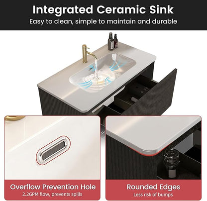 36" Floating Bathroom Vanity with Sink, Modern Wall Mounted Floating Vanity with Ceramic Sink, Push to Open Soft-Close Drawer for Apartment, Hotel, Blackish Brown Oak