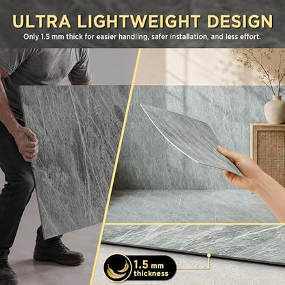 Marble Grain 12x12 Peel and Stick Floor Tile, Moss Gray Marble, 20 PCS | NO Grout, NO Mess, For Kitchen Backsplash, Bathroom Update, Non-Slip & Scratch-Resistant