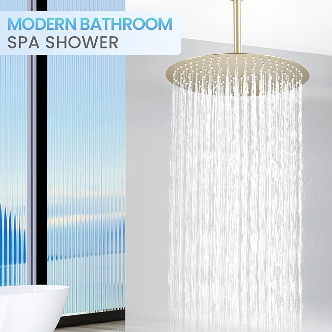 16 inch Brushed Gold Round Rain Shower Head, All Metal Stainless Steel 304, Ultra Thin Design, Full Body Rainfall Shower with 230 Silicone Nozzles