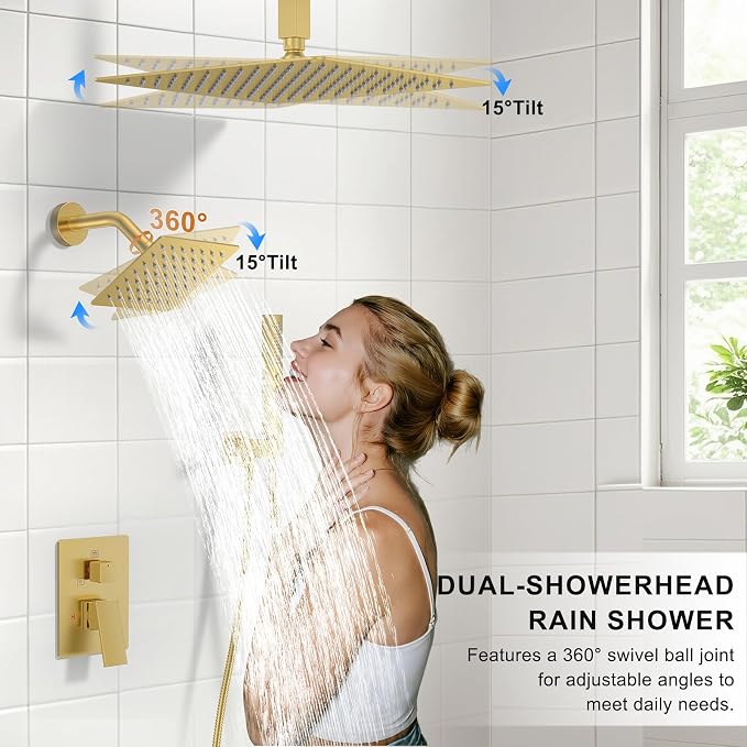 Rain Shower System 12" & 6" Dual Shower Heads Ceiling Shower Faucet Set | Ideal for bathroom remodels and upgrades with 12" rain shower, 6" angled shower, handheld spray and complete valve kit.