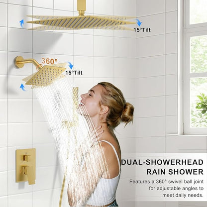 Rain Shower System 12" & 6" Dual Shower Heads Ceiling Shower Faucet Set | Ideal for bathroom remodels and upgrades with 12" rain shower, 6" angled shower, handheld spray and complete valve kit.