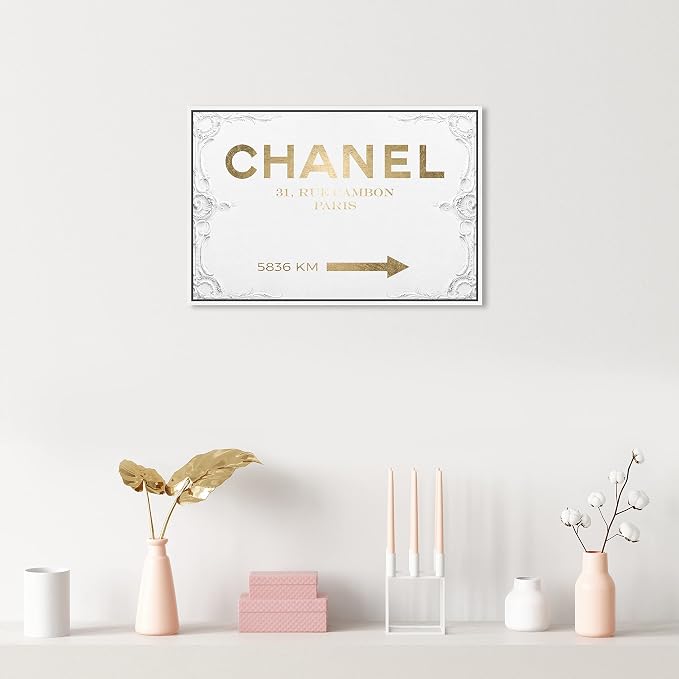 The Oliver Gal Artist Co. Typography and Quotes Contemporary Canvas Art - Couture Road Sign Rococo Gold, Wall Art for Living Room, Bedroom, and Bathroom, 24 in x 16, White and Gold Home Decor