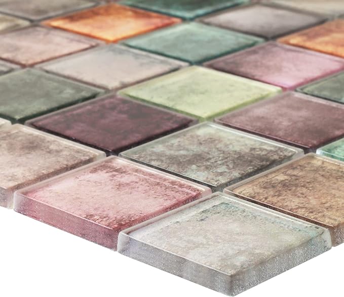 Antique 2'' x 2'' Glass Squared Tile Glazed Red Grey Grid Mosaic Wall Backsplash Tile PT31 (Box of 5 Sheets)
