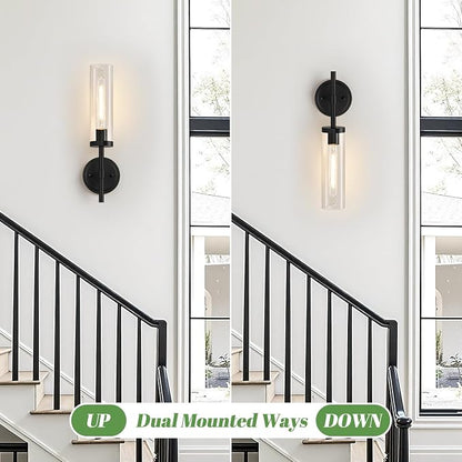 MOKATNG Hardwired Wall Sconces, Matte Black Bathroom Sconces with Clear Glass, Modern Wall Light Fixtures for Bathroom Mirror Vanity, Living Room, Bedroom, Hallway, Stairway, Cabinet, Foyer