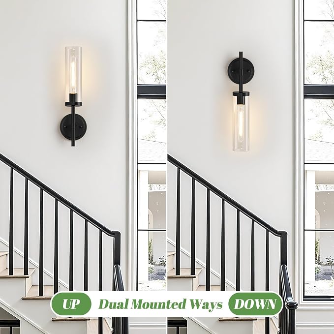 Hardwired Wall Sconces Set of Two, Matte Black Bathroom Sconces with Clear Glass, Modern Wall Light Fixtures for Bathroom Mirror Vanity, Living Room, Bedroom, Hallway, Stairway, Cabinet, Foyer