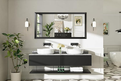 Black Metal Framed Bathroom Wall Mirror, 60x28 Inch | Anti-rust, HD tempered glass, for bathroom vanity, bedroom, living room, horizontal or vertical mount
