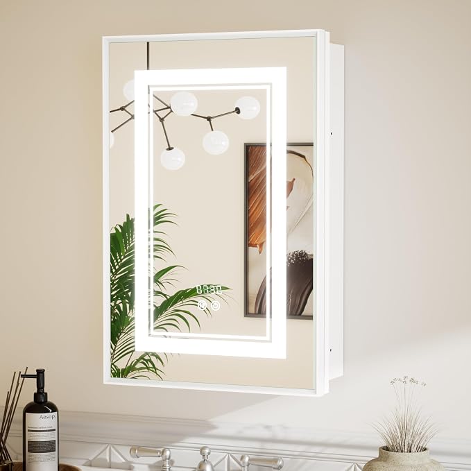 White Lighted Medicine Cabinet with Tempered Glass Mirror 16 x 24 White Metal Led Recessed Medicine Cabinet for Bathroom with Lights and Storage, 3 Color Dimming, Anti-Fog, 2 Outlets
