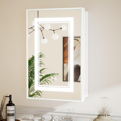 White Lighted Medicine Cabinet with Tempered Glass Mirror 16 x 24 White Metal Led Recessed Medicine Cabinet for Bathroom with Lights and Storage, 3 Color Dimming, Anti-Fog, 2 Outlets
