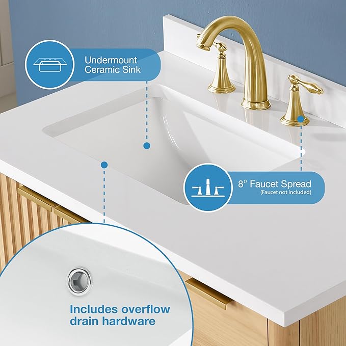 OVE Decors Indy 36 in. Undermount Single Sink Bathroom Vanity with White Engineered Marble Top, Rustic Ash