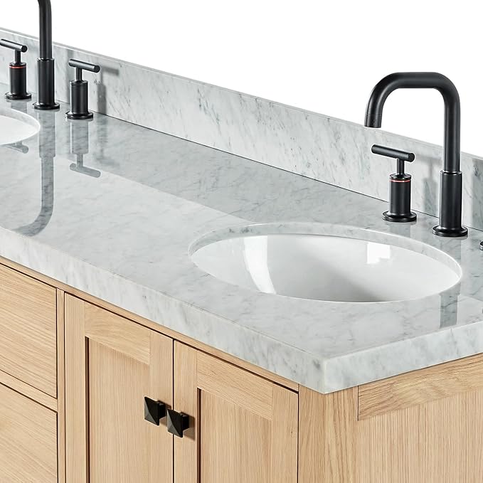 ARIEL Cambridge 66-inch Bathroom Vanity with Sink,Solid Wood, 1.5-inch Italian Carrara Marble Countertop, Double Oval Porcelain Sink, 4 Soft Closing Doors, 6 Dovetail Drawers, White Oak