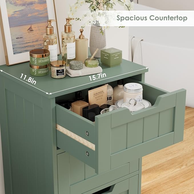 FOTOSOK Bathroom Cabinet, Bathroom Storage Cabinet with 5 Drawers, Green | Narrow Bathroom Storage with Cut-Out Handles, 11.8” x 15.7” x 40.1”, Slim & Small Floor Cabinet for Laundry/Hallway