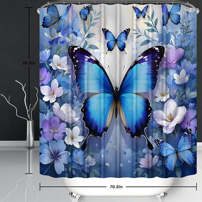Chrainy 4pcs Blue Butterfly Shower Cutain Set Bathroom Decor with Rugs | Floral Bath Accessories with Waterproof Curtain, Bath Mat, Toilet Lid Cover, U-Shaped Rug and 12 Hooks for Washroom, 71*71in
