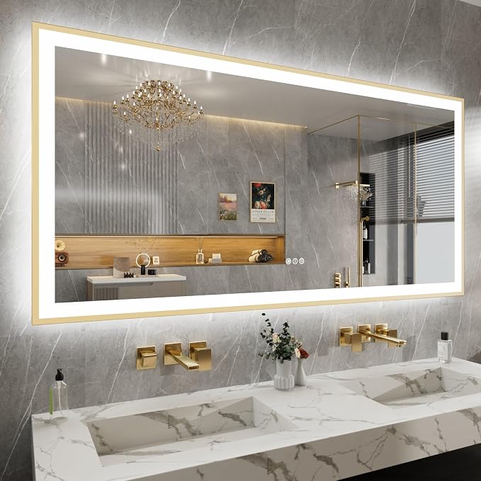 72x36 Inch LED Bthroom Mirror with Gold Frame | Gold Metal Frame, Front and Backlit, 3 Colors, Dimmable, Memory, Anti Fog, Tempered Glass, Lighted Mirror for Wall