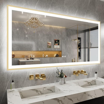 72x36 Inch LED Bthroom Mirror with Gold Frame | Gold Metal Frame, Front and Backlit, 3 Colors, Dimmable, Memory, Anti Fog, Tempered Glass, Lighted Mirror for Wall