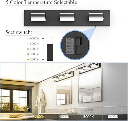 Ralbay 24inch Black Bathroom Vanity Lights with 5 Color Temperatures (3000K-6000K) Dimmable Modern Metal Acrylic LED Matte Black Bathroom Wall Lighting Fixtures (3-Light)