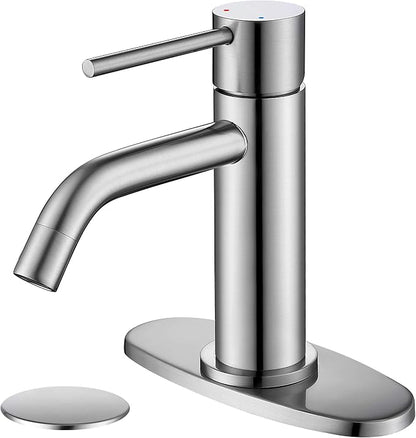 Brushed Nickel Single Hole Bathroom Faucets Single Handle, JXMMP Brushed Bathroom Vanity Sink Faucet with Pop Up Drain Assembly and 6 inch Deck Plate